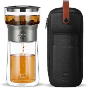ZENS Modern Small Glass Tea Infuser Teapot, 3-in-1 Smart One Touch Tea Maker for Loose Leaf Tea Steeper, Solo Simple Tea Strainer with 9oz Double Walled Tea Cup for Hot Black, White Tea Diffuser.