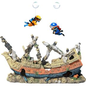 Large Fish Tank Decoration Treasure Hunting Pirate Ship, Aquarium Decoration Large Pirate Ship, Suitable for Fish Tanks Above 30 inches