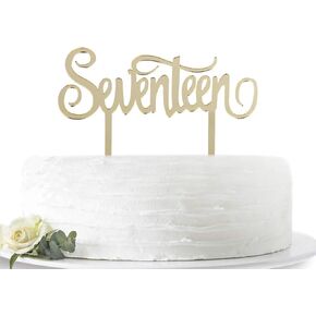 Mirror Gold Seventeen Cake Topper - Happy 17th First/Anniversary Cake Decoration - Heaits to 17 years Acrylic Party Supplies