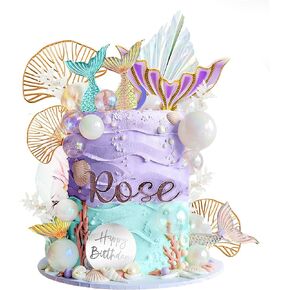 Drwate Mermaid Cake Toppers - Tail Cake Decorations مع كرات اللؤلؤ البيضاء لعيد ميلاد الفتاة أو استحمام الطفل - تحت Sea Party Mermaid Supplies (النمط 1)