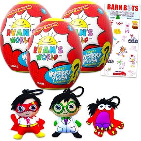 Ryan's World Mystery Plush Egg 3 Pack - Bundle with 3 Plush Keychains Plus Stickers for Kids | Ryan's World Backpack Clips