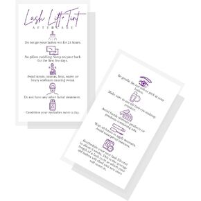 بوتيك التسويق Lash Lift + بطاقات التعليمات اللاحقة للرعاية | 50 حزمة | 2x3.5 '' بوصة حجم بطاقة العمل | رفق الرموش وصممة رعاية تلأى | أبيض مع تصميم أرجواني ، lash-b-w-511