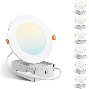 Amico 6 Pack 6 Inch 5CCT Ultra-Thin LED Recessed Ceiling Light with Metal Junction Box, 2700K-5000K Selectable, 12W Eqv 110W, Dimmable Canless Wafer Downlight with Plastic Trim, 1050 Lumens -ETL&FCC