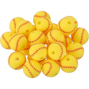 Patikil 25pcs حبات البيسبول الصفراء ، حبات سيليكون 12 ملم رياضية للخرز بالسيليكون بؤرة السيليكون لأساور الأقل