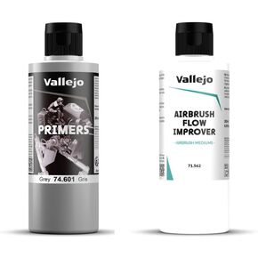 Vallejo - حزمة رمادية السطح الاكريليك التمهيدي 200 مل (6.76 fl.oz.) + Airbrush Flow محسّن للدهانات الأكريليك 200 مل. (6.76 fl.oz.)