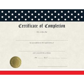 Patriotic Certificate of Completion with Embossed Gold Foil Seals - 30 Pack - Award Certificate Paper for Students, Teachers, Employees - 8.5" x 11" Inkjet/Laser Printable