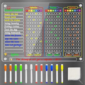 PigPotParty Magnetic Chore Chart for 3 Kids, Fridge Chore Chart for Multiple Kids, 16"x 12" Acrylic Chore Board for Teens Adults Family, Reward Chart Checklist with 12 Markers/Towel