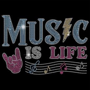 الموسيقى الفائقة هي Life On Rhinestons Thrans T-Shirt T-Shirt نقل الحرارة الكريستال تصاميم الملصقات الكريستالية ملصقات Rhinestone Bling شارات للملابس هودي.