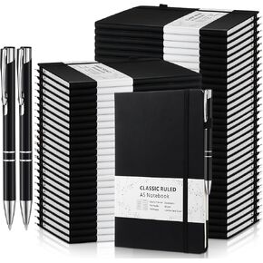 24 Sets A5 Writing Journal Notebook with 24 Pens Hardcover Notebook Classic Ruled Lined Notepads for Work School Office Business Travel, 128 Pages, 8.4 x 5.7 Inch(Black)