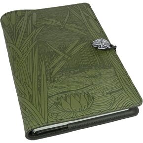 Genuine Leather Refillable Journal Cover with a Hardbound Blank Insert, 6x9 Inches, Dragonfly Pond, Fern with a Pewter Button, Made in The USA by Oberon Design