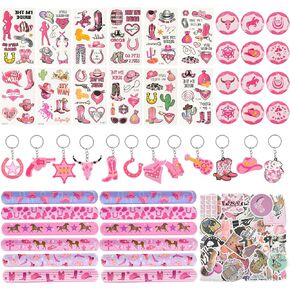 98 PCS Cowgirl Party Favors تشمل أساور صفعة الأساور الغربية مفاتيح المفاتيح المؤقتة الوشم المؤقتة ملصقات الأزرار