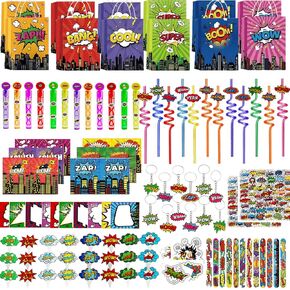 264 PCS Hero Party Favors Kit بما في ذلك أكياس الهدايا ، ومياه الفقاعات والملصقات ، وشرب القش ، وقابس الكيك ، وأساور صفعة ، ومفتحات صغيرة ، وملصقات انفجار ، والبطل على جوائز كرنفال ذات طابع البطل ،