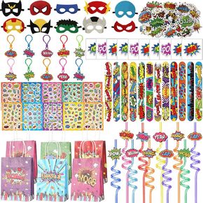 130pcs حزب البطل تفضل مع قناع البطل ، قش قابل لإعادة الاستخدام ، سلاسل رئيسية ، ملصقات DIY ، أساور صفعة ، ملصق الوشم ، ملصقات البطل وحقيبة هدايا الحلوى لحفلة عيد الميلاد