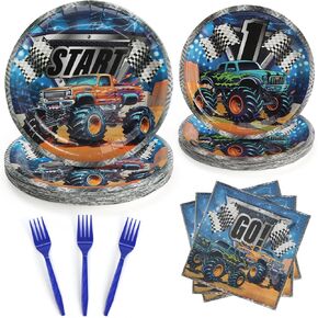 96 PCS Party Plates ، لوحات ورق شاحنة Monster ولوازم حفلات المناديل لعيد ميلاد Monster Trcuck للأطفال ، مجموعات أدوات المائدة التي يمكن التخلص منها ، تقدم لـ 24 ضيفًا