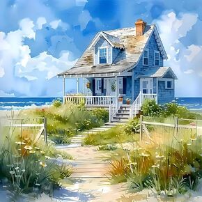Coastal Beach House Diamond Art Kits for Adults, 5D Diamond Painting Kits for Adults Beginners, DIY Full Round Drill Diamond Dot Painting Gem Art Kits for Adult, Home Wall Decor 13.8x13.8 Inch