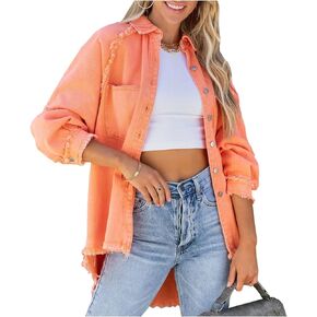 LifeShe Women's Denim Jacket Oversized Button Down Jean Shirts Shacket Ripped Distressed Frayed Coat