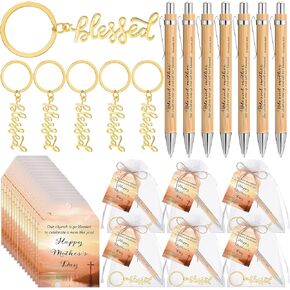 Spakon 25 Set Christian Church Gifts Bulk for Mother's Day Golden Blessed Keychains Bamboo Pens Religious Gift Tag Organza Bags