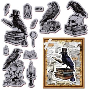 GLOBLELAND Vintage Crow Books Cling Rubber Stamp 7.09x8.66inch Retro Skull Hourglass EVA Cling Stamps Oil Lamp Rubber Stamp for Card Making Photo Album Decor Decoration DIY Scrapbooking