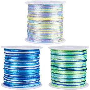 SUNNYCLUE 3 Rolls 3 Colors 150 Yards/137M 1mm Nylon Stringing Cord Jewelry Beading String Blue Green Yellow Satin Rattail Macrame Trim Knitting Rope Thread for Friendship Bracelet Making DIY Crafts