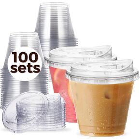 100 Pack 32 oz Clear Plastic Cups with Strawless-Sip-Lids, Disposable Cups Plastic Iced Coffee Cups, To Go Cups with Sip Through Lids for Smoothie, Milkshake, Cold Drinks for Party, Wedding, Event