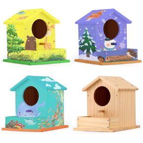 4 حزمة Wooden Birdhouse Kit - Diy Birdhouse مع الطلاء والفرش ، مجموعة الطلاء الفنية والحرفية للبنين ، الفتيات ، البالغين - مثالية للفصول الدراسية ، عيد ميلاد ، مشاريع داخلية وخارجية في الهواء الطلق