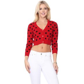 YEMAK Women's Knit Cardigan Sweater – Long Sleeve Crewneck Polka Dot Jacquard Button Down Casual Lightweight Knitted Top