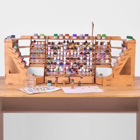 Modular Paint Organizer for 105 Paint Bottles and 14 Brushes Bundle with 2 Corner Paint Racks for 32 Paint Bottles and 46 Paint Brushes - Wooden Paint and Brush Storages for Miniature Paints