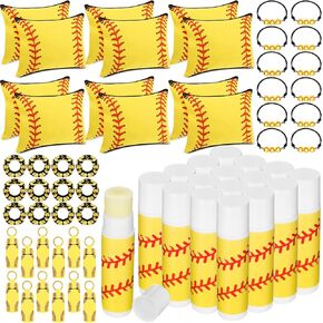 60 PCS هدايا الكرة اللينة للفتيات في سن المراهقة فتيات الحفلة اللينة مع 12 Scrunchies 12 BAG Softball Makeup Bag 12 Lip Balm 12 Shipstick Holder Scheains 12 سوار قابل للتعديل لصالح اللوازم الرياضية