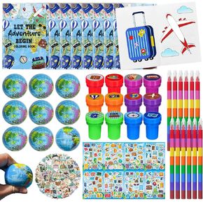 Cinrobiye 72 PCS Let the Adventure Party Favors و Travel Coloring Books Rainbow Pencils Stattoos World Balls ملصقات جيدة لحشو حقيبة Bon Voyage Party Supplies Setrame Set Bulk Set