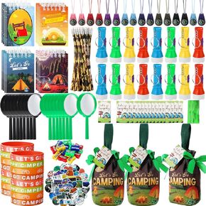 195 PCS التخييم حفلات الهدايا القماشية الهدايا أكياس الكبرى مُنصح بقلم رصاص أساور سيليكون ميني باسورد مصباح المفاتيح ملصقات التخييم لعلامة التخييم لمغامرة عيد ميلاد