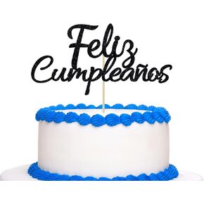 Glitter Feliz Cumpleaños Cake Topper - Spanish Happy Birthday Cake Topper, Fiesta Birthday Party Cake Decorations Black