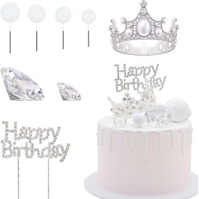 KNANA 24PCS CROWN CAKE TOPPER CROWN CAKE DECERATIONS Diamond Cake Toppers Silver Happy Birthday Cake Topper for Queen Wedding Birthday Supplies