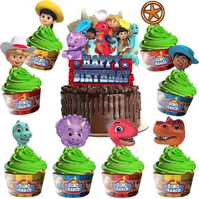 Treasures Gifted Dino Ranch Birthday Decorations - Cake Topper Set - 1 Cake Topper & 24 Cupcake Toppers & Wrappers - Dino Ranch Party Supplies Cake Decorations