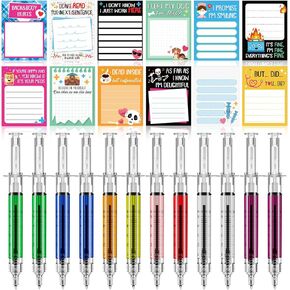 24 Pcs Funny Nurse Gifts Nursing Sticky Notes Syringe Pens to Do List Notepad Retractable Multi Color Pens for Medical Coworker Employee Supplies,3 x 4 Inch
