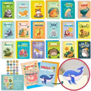Animal Fun Fact Cards with Bookmarks - 20 Greeting Cards with Pop-Out Bookmark Mini Gifts - Punny, Funny Bulk Thinking of You Notecards for Kids, Grandkids, Teachers, Students, Friends, Family & More