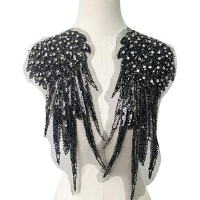 Diamond Studded Stone Sequins Flower Wings DIY Clothing Accessories Handmade Bead Feather Decal Wedding/Formal Clothing Accessories (Bright Black)