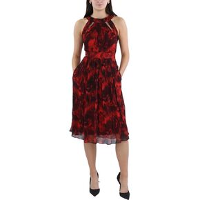 BCBGMAXAZRIA Women's Sleeveless Fit and Flare Midi Dress Halter Neck Cut Out Ruched Skirt