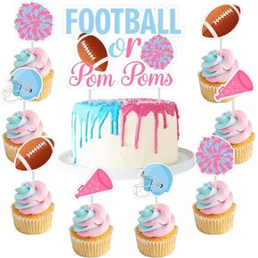 Sursurprise لكرة القدم بين الجنسين تكشف عن زخارف ، 25 ٪ في كرة القدم أو Pom Poms Cake Topper Cupcake ، وتكشف الجنس عن إمدادات الحفلات للصبي أو الفتاة
