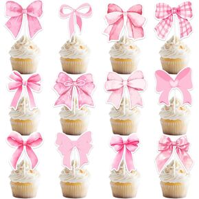 24pcs coquette bow cupcake toppers with glitter ، زخارف كعكة عيد ميلاد الوردي لاستلوازات الحفلات البكالوريوس