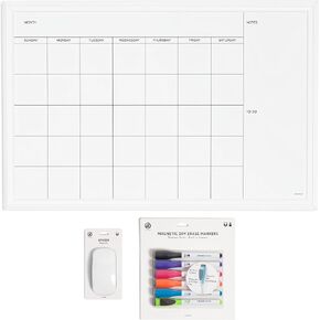 Bundle of U Brands Magnetic Dry Erase Calendar Board, 20 x 30 Inches, White Wood Frame (2075U00-01) + U Brands Magnetic Dry Erase Board Eraser, Felt Bottom Surface, 4.5 x 2.25 x 1 Inches - 581U04-16