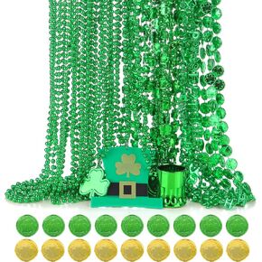 St Patricks Day Accessories with Green Clover Glasses, Shamrock Necklaces, Bracelets, and Coins, for Irish Festival Party Supplies Parade wear decorations for Irish St Patrick's Day