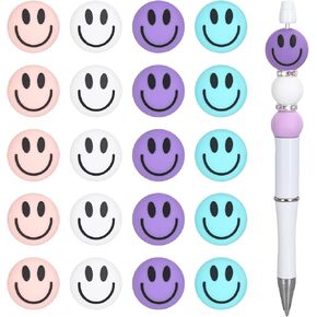 20 Pcs Smile Face Silicone Beads Happy Face Silicone Focal Beads 4 Colors Loose Rubber Beads for DIY Crafts Pen Keychain Making