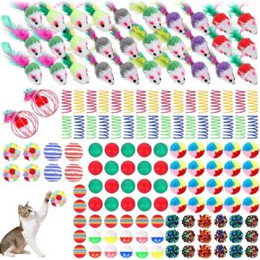 Divina Vitae 150 pcs ألعاب Cat Bulk ، Tongorted Toy Toy Pack Pack Cats Toy Toy Toy Toy Toys مع فئران قوس قزح/شعرية/سيزال/طاولة تنس/أفخم/سبرينغز كرنكل/كرات جرس محشورة