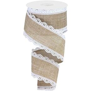 Scalloped Edge Canvas Ribbon, 10 Yards (White, Light Beige, 2.5 Inch)
