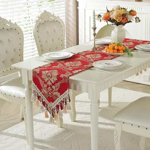 Dark Green Table Runner Floral Jacquard Damask Dining Table Runner with Multi-Tassels for Kitchen Dresser Party Banquet Holiday in Saudi Arabia