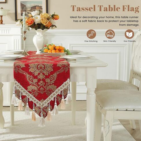 Dark Green Table Runner Floral Jacquard Damask Dining Table Runner with Multi-Tassels for Kitchen Dresser Party Banquet Holiday in Saudi Arabia