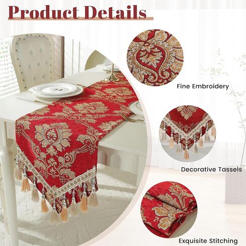Dark Green Table Runner Floral Jacquard Damask Dining Table Runner with Multi-Tassels for Kitchen Dresser Party Banquet Holiday in Saudi Arabia
