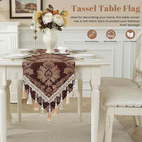 Dark Green Table Runner Floral Jacquard Damask Dining Table Runner with Multi-Tassels for Kitchen Dresser Party Banquet Holiday in Kuwait