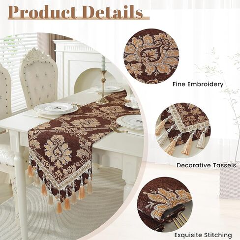 Dark Green Table Runner Floral Jacquard Damask Dining Table Runner with Multi-Tassels for Kitchen Dresser Party Banquet Holiday in Kuwait