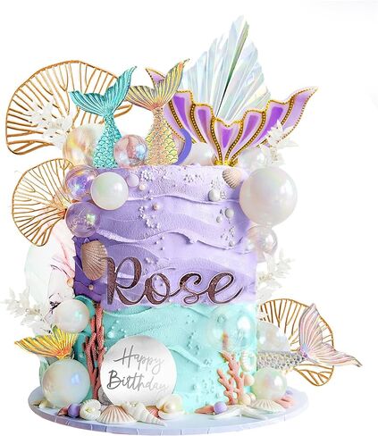 Drwate Mermaid Cake Toppers - Tail Cake Decorations مع كرات اللؤلؤ البيضاء لعيد ميلاد الفتاة أو استحمام الطفل - تحت Sea Party Mermaid Supplies (النمط 1) in Kuwait